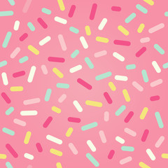 Seamless background with pink donut glaze and many decorative sprinkles  - 96752232