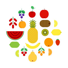 Set of flat fruits and berries icons. Colorful vector illustration 