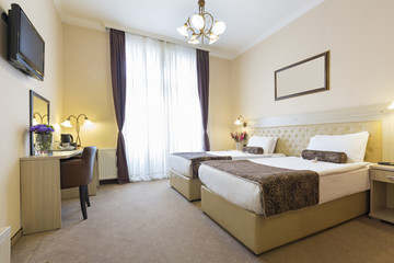 Interior of a double bed hotel room