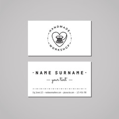 Handmade workshop business card design concept. Handmade workshop logo with heart and thread spool. Vintage, hipster and retro style. Black and white.