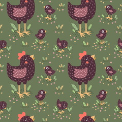 Cute black hens with baby chickens vector seamless pattern