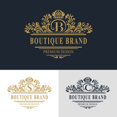 Monogram design elements, graceful template. Calligraphic elegant line art logo design. Letter emblem sign B, S, C for Royalty, business card, Boutique, Hotel, Heraldic, Jewelry. Vector illustration