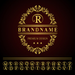 Monogram design elements, graceful template. Elegant line art logo design. Business gold emblem letter R for Restaurant, Royalty, Boutique, Cafe, Hotel, Heraldic, Jewelry, Fashion. Vector illustration