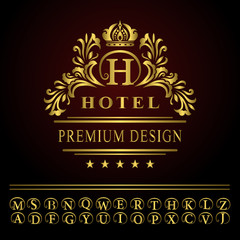 Monogram design elements, graceful template. Elegant line art logo design. Business gold emblem letter H for Restaurant, Royalty, Boutique, Cafe, Hotel, Heraldic, Jewelry, Fashion. Vector illustration