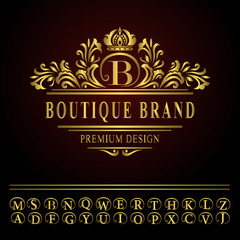 Monogram design elements, graceful template. Elegant line art logo design. Business gold emblem letter B for Restaurant, Royalty, Boutique, Cafe, Hotel, Heraldic, Jewelry, Fashion. Vector illustration