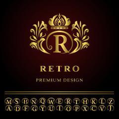 Monogram design elements, graceful template. Elegant line art logo design. Business gold emblem letter R for Restaurant, Royalty, Boutique, Cafe, Hotel, Heraldic, Jewelry, Fashion. Vector illustration