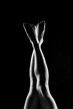 white contour of beautiful female legs on a black background