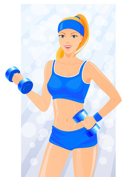 Fitness girl exercises with dumbbells