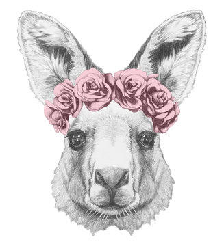 Portrait of Kangaroo with floral head wreath. Hand drawn illustration.