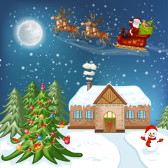 Merry Christmas Card. Illustration with Christmas house, Christmas tree ,Santa Claus and snowman