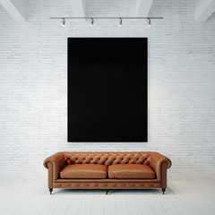 Photo of black empty canvas on the brick wall background and vintage classic sofa. 3d render