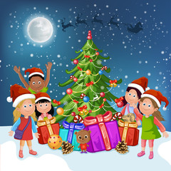 Obraz na płótnie Canvas Christmas tree and happy kids