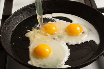 Close up view of the fried egg on a frying pan