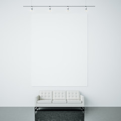 Photo of empty canvas on the white wall background and generic design sofa. 3d render
