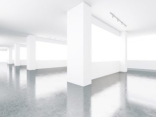 Blank screens in museum interior. 3d render