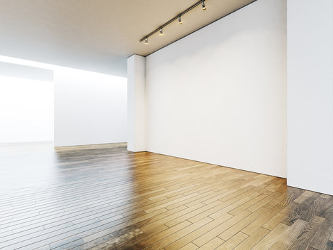White gallery interior with empty walls and wooden floor. 3d render