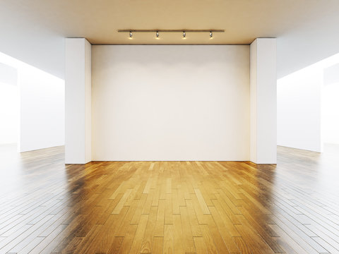 View on the blank wall in gallery with wooden floor. 3d render