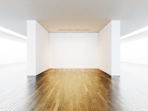 Empty space for exhibit, lamp on the wall background, wooden floor. 3d render