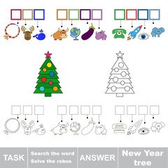 Fototapeta na wymiar Vector game. Search the word. Find hidden word New year tree