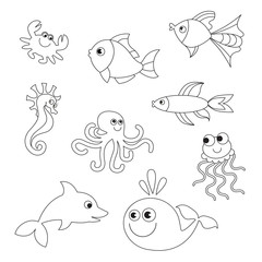 Naklejka premium Underwater animals collection to be colored.