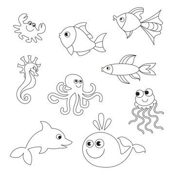Underwater animals collection to be colored.