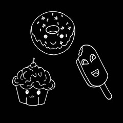 Set of sketches: ice cream, cake and bagel vector