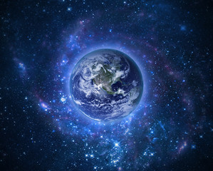 Obraz na płótnie Canvas Planet Earth in outer space. Imaginary view of blue glowing earth orbit in a star field. Abstract cosmos in dark galaxy scientific astronomy background. Elements of this image furnished by NASA.