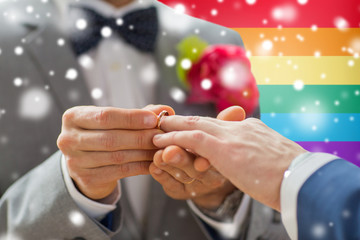 close up of male gay couple hands and wedding ring