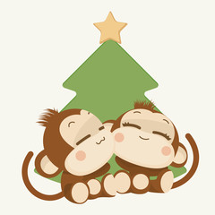 Cute monkey couple. Happy New Year 2016. Vector Illustration