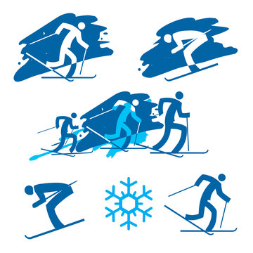 Skiers icons. 
Blue illustration of skiers, cross country skiers on the grunge background. Vector available.
