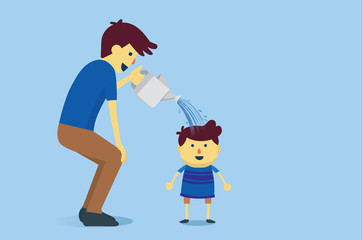 Father watering a son with water from watering pot. This illustration is concept about parenting for grow up and strong like a big tree