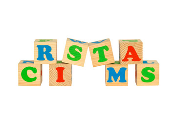 Wood cube with inscription CRISTMAS 