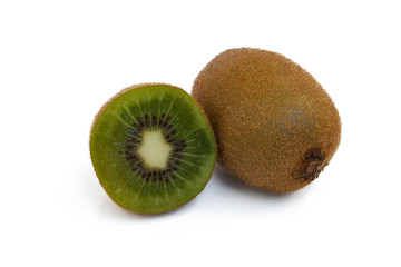 One and half kiwifruit on white background