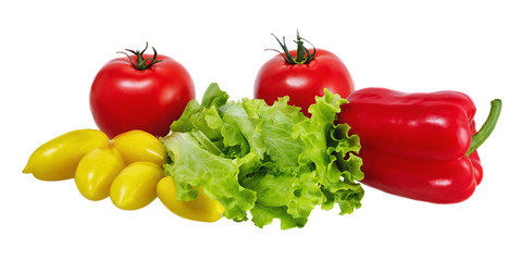 lettuce, peppers, yellow and red tomatoes on white background.Isolated