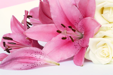 Fototapeta na wymiar Beautiful pink lilies with brown nectar and white roses decoration on a white background 