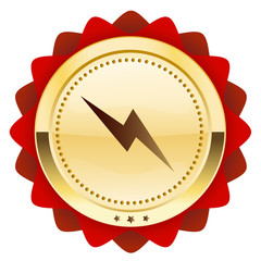 Electricity seal or icon. Glossy golden seal or button.