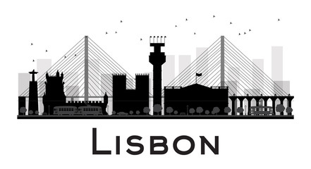 Lisbon City skyline black and white silhouette. Some elements have transparency mode different from normal