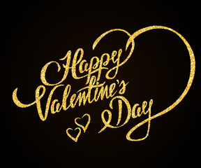Happy Valentines Day gold glitter hand lettering on black background greeting card