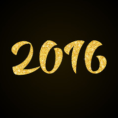 Happy New Year 2016  - gold glitter hand lettering on black background greeting card