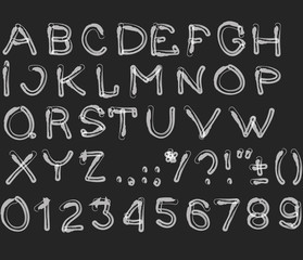Hand drawn Handmade vintage alphabet handwritting abc vector font. Type letters, numbers and punctuation marks.
