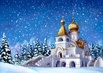 Зима и храм. Россия - obrazy, fototapety, plakaty