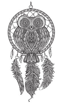 Vector hand drawn Detailed ornate Owl with dream catcher