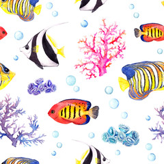 Fototapety  Egzotyczne ryby, korale morskie i wodne bombki. Powtarzający się wzór. Akwarela