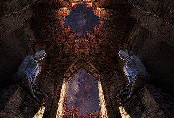 Buddha statue under starry night with clearly  milky way  , Thai