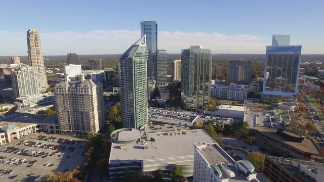 A daytime aerial establishing shot of Buckhead, an affluent uptown district of Atlanta, Fulton County, Georgia.	
