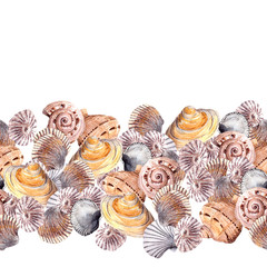 Seamless border line with sea shells. Watercolor frame 