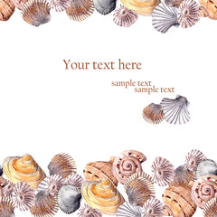 Greeting card with sea shells. Watercolor 