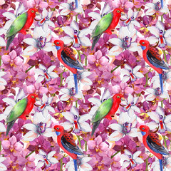 Exotic floral pattern - parrot bird, blooming orchid flowers