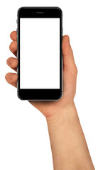 Men holding smartphone with blank screen. Template, mockup.