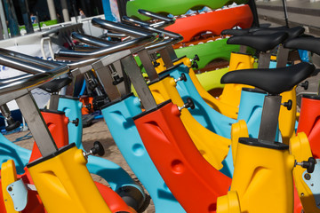 Colorful Aquatic bikes in Line, Designated for Swimming Pool